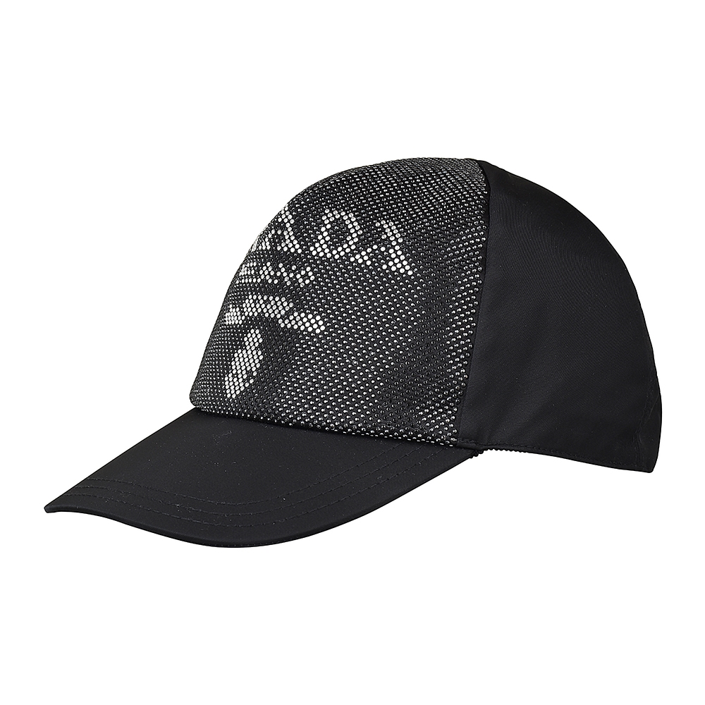 PRADA銀字LOGO再生尼龍搭配水鑽飾釘棒球帽(男女款/黑x銀)