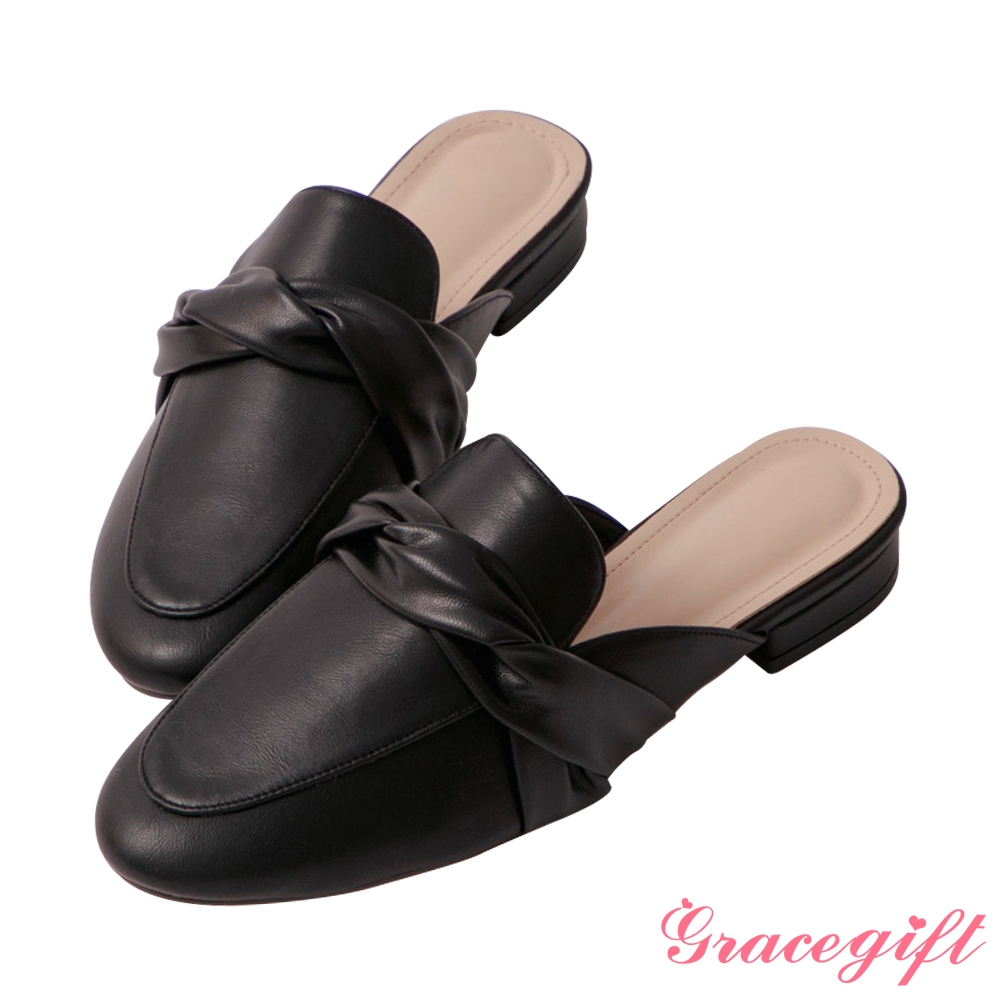 Grace gift-扭結設計低跟穆勒鞋 黑