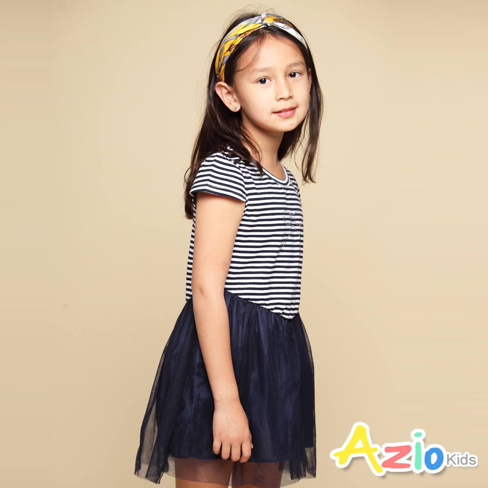 Azio kids美國派 女童 洋裝 蝴蝶結貼鑽橫條紋網紗短袖洋裝(藍)