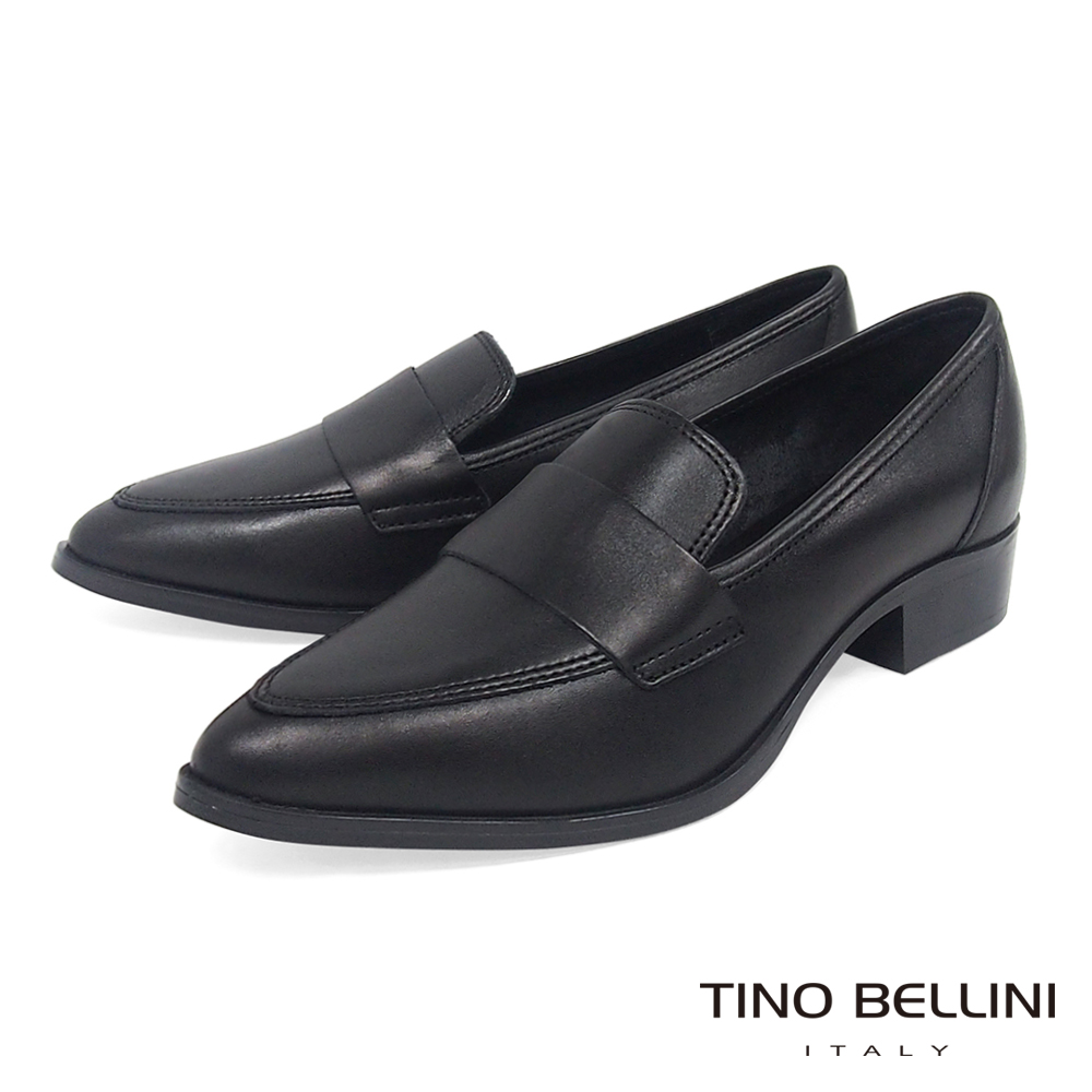 Tino Bellini 義大利進口簡約真皮尖楦低跟樂福鞋 _ 黑