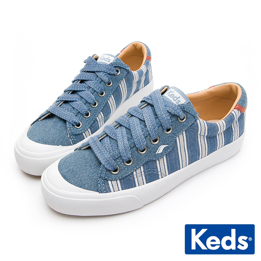 Keds CREW KICK 條紋牛仔綁帶休閒鞋-靛藍