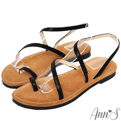 (季末換季出清)Ann’S水洗牛皮-時髦蛇紋顯瘦曲線寬版平底涼鞋-黑