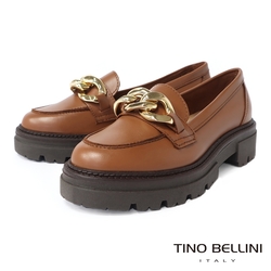 Tino Bellini 義大利進口金屬環鍊牛皮厚底樂福鞋-棕
