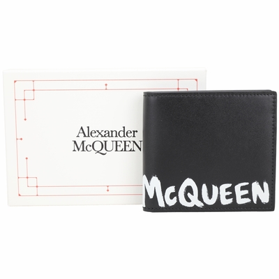 Alexander McQueen 塗鴉簽名黑白款小牛皮零錢袋對折短夾