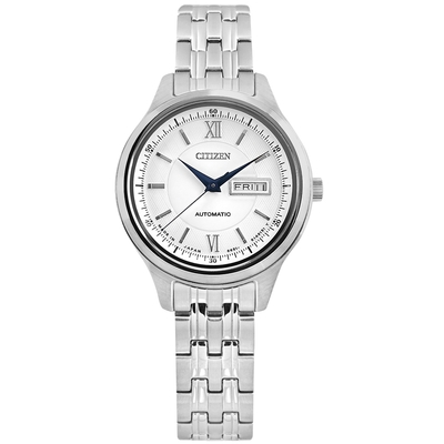 CITIZEN / 機械錶 自動上鍊 星期日期 不鏽鋼手錶 (PD7150-54A)-白色/29mm