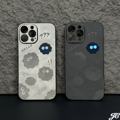 【JC Collection】創意可愛煤球hello皮質手機背蓋適用於IPhone13&14&13pro&14pro(黑色、灰色)