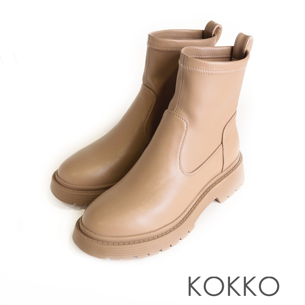 KOKKO歐美時尚帥氣彈力厚底短靴駝色