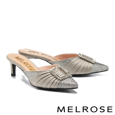 穆勒鞋 MELROSE 璀璨閃耀奢華白鑽方釦尖頭高跟穆勒拖鞋－灰