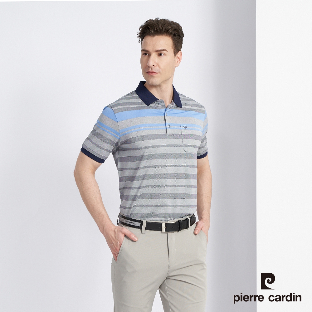 Pierre Cardin皮爾卡登 男裝 吸濕排汗網眼橫條定位短袖POLO衫-深藍色 (5227201-38)