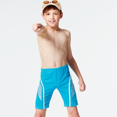 聖手牌 泳裝 素面粉藍對稱配飾七分男童泳褲