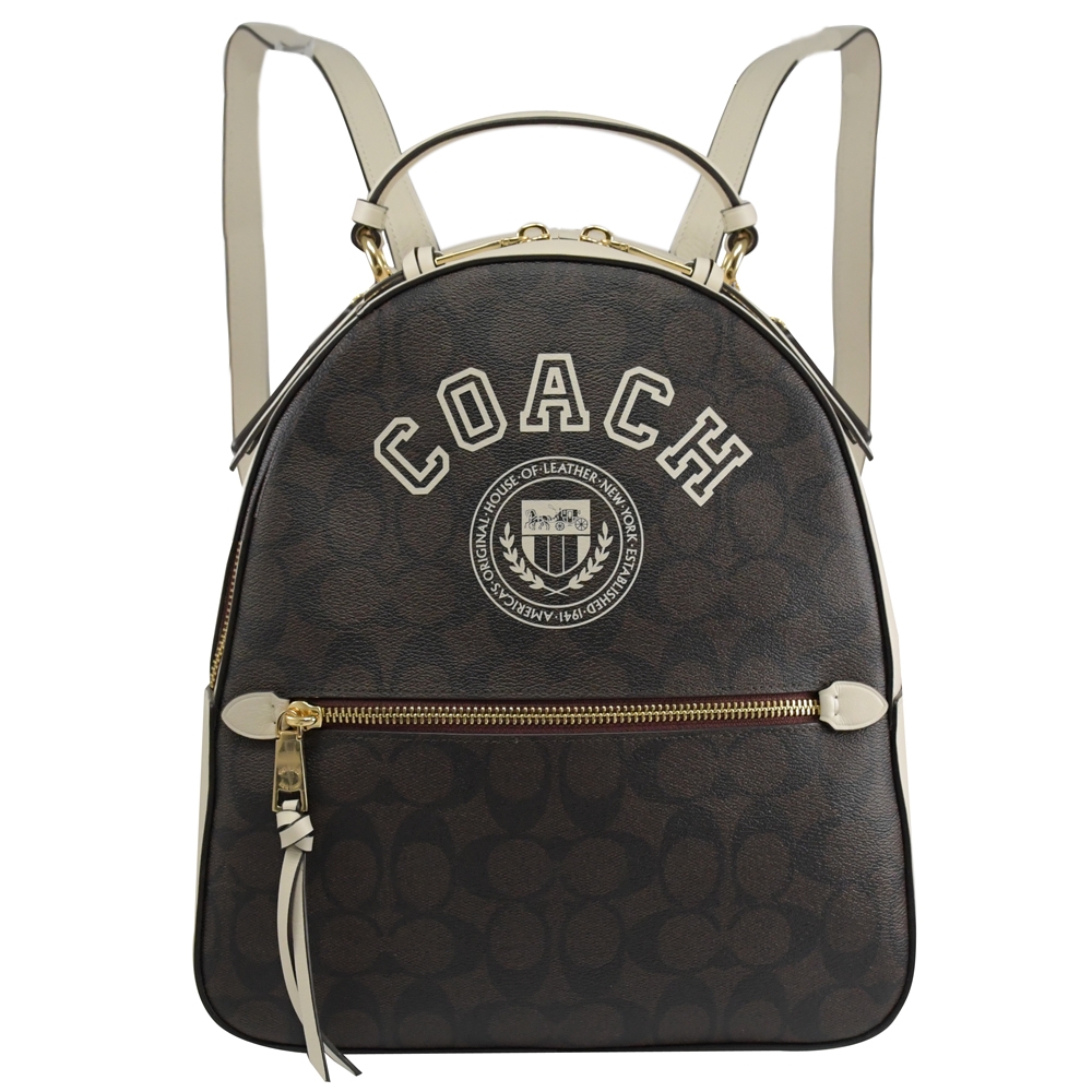 COACH 金屬LOGO防刮滿版印花皮革拉鍊後背包(深咖/白)