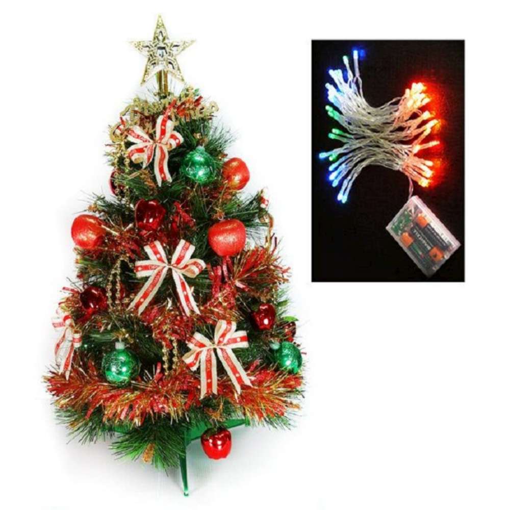 摩達客 2尺(60cm)特級綠色松針葉聖誕樹(紅金色系飾品組)+LED50燈彩光電池燈