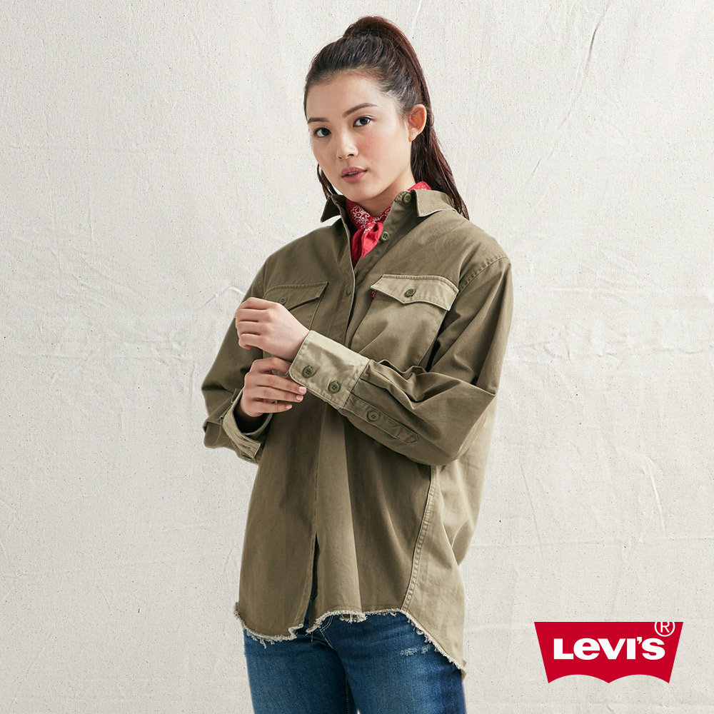 Levis 女款 襯衫外套 寬鬆版型 深淺拼接 下擺毛邊設計