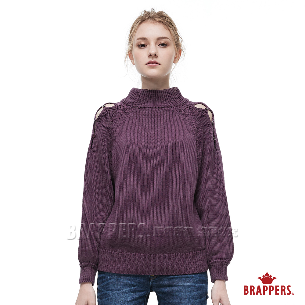 BRAPPERS 女款 肩開叉半高領長袖線衫-深紫