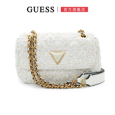 【GUESS】經典縫線金屬鍊條肩背包-白