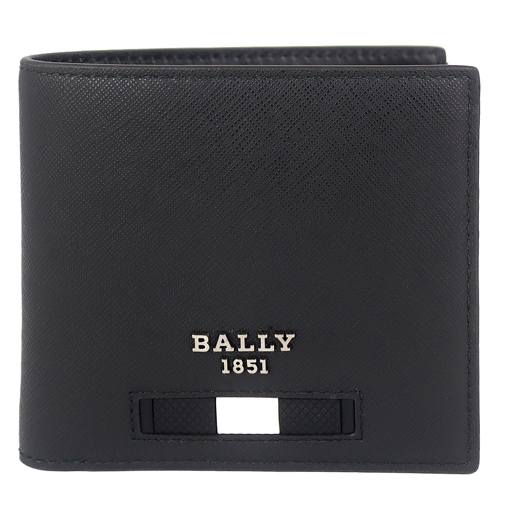 BALLY 黑色銀字黑白條紋防刮皮短夾(八卡)