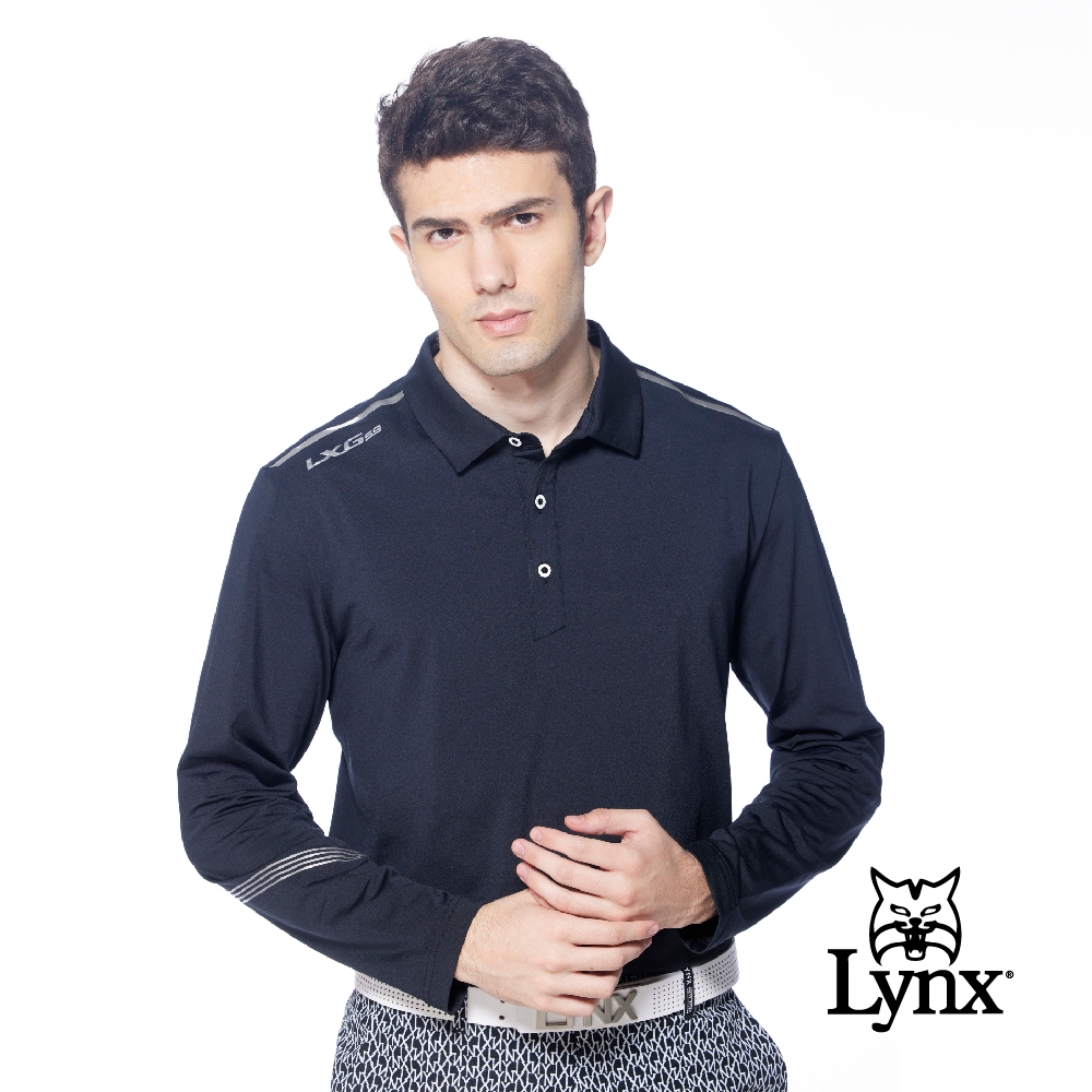 【Lynx Golf】korea男款右肩LXG字樣曲線條紋長袖POLO衫/高爾夫球衫-黑色
