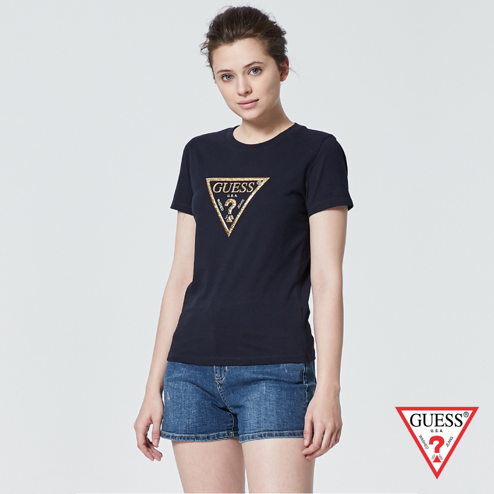 GUESS-女裝-個性金色PVC印刷LOGO短T,T恤-深藍 原價1390