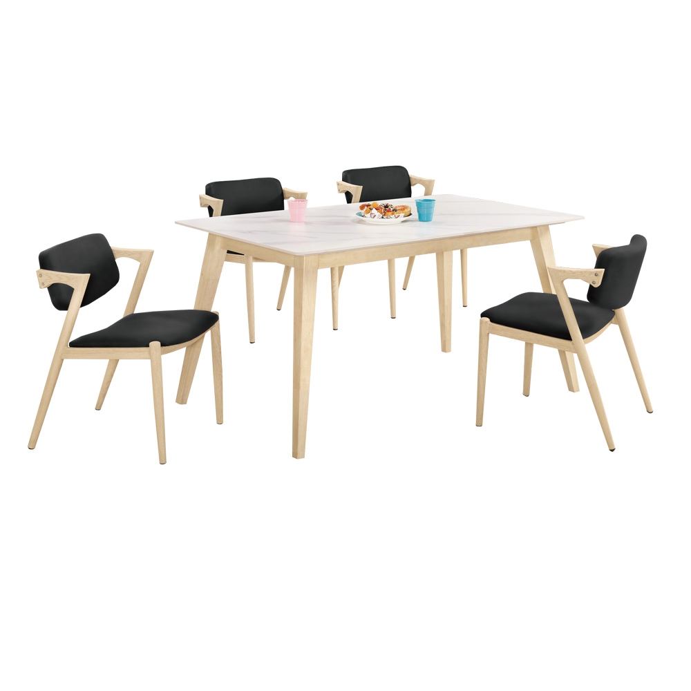 文創集 波爾5尺岩板實木餐桌皮餐椅組合(一桌四椅組合)-150x85x75cm免組