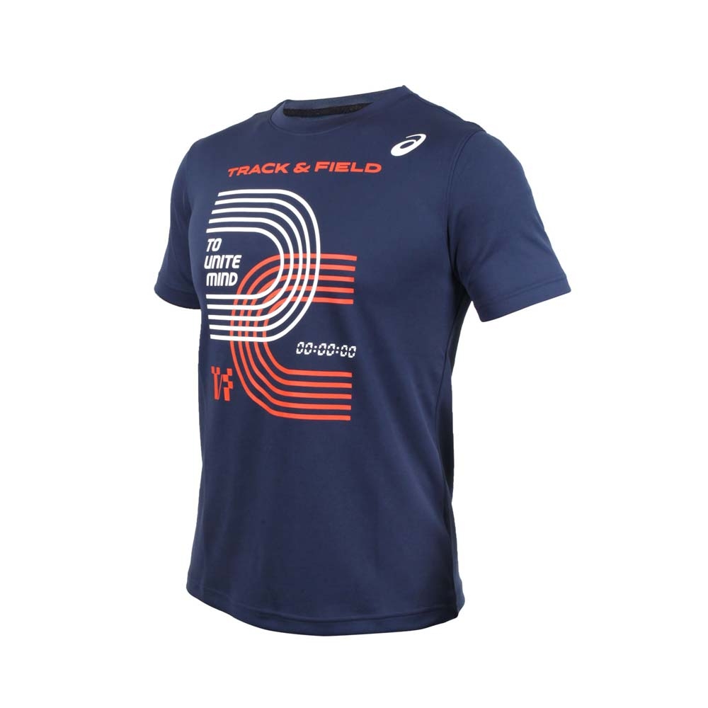 ASICS 男短袖T恤-台灣製 吸濕排汗 運動 慢跑 路跑 上衣 亞瑟士 2093A128-400 丈青白橘
