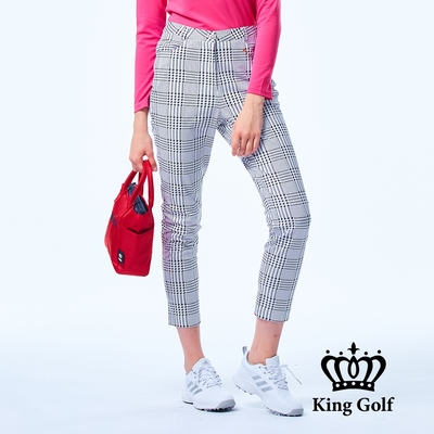 【KING GOLF】女款高腰千鳥格紋彈性舒適高爾夫球長褲-淺灰色