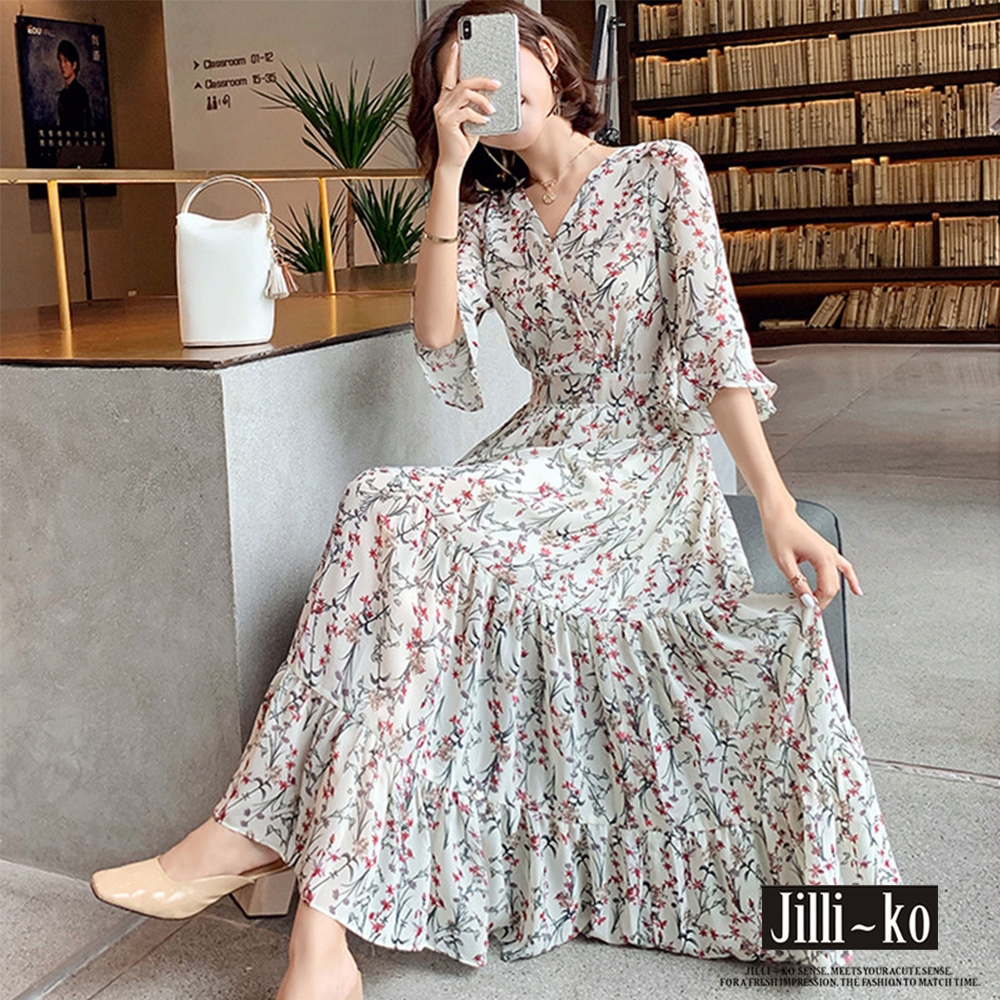 JILLI-KO 小清新花草印花氣質連衣裙- 杏色