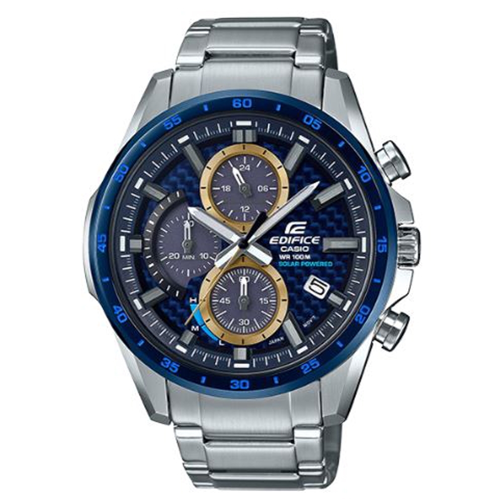 EDIFICE 藍黑交錯碳纖維立體錶盤太陽能不鏽鋼腕錶-(EQS-900BCD-2A)/47.6
