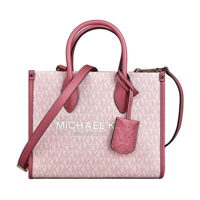 mk michael kors mirella字母logo印花pvc滾邊牛皮拉鍊手提斜背托特兩用包(小/淺粉紅x深粉紅)