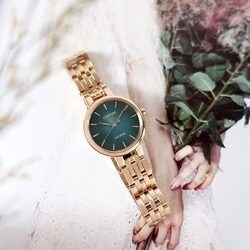 CITIZEN / L 光動能 優雅迷人 藍寶石水晶玻璃 不鏽鋼手錶-潮水綠x鍍玫瑰金/28mm