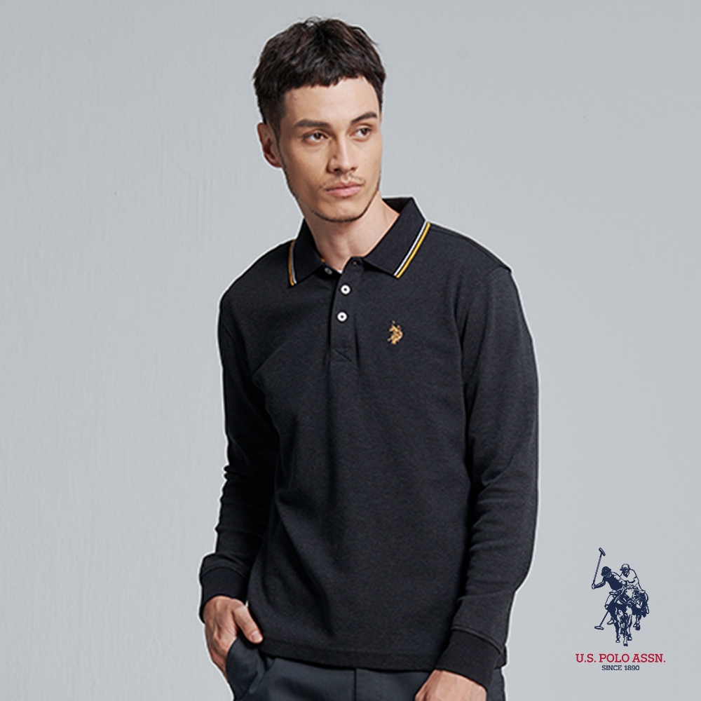 U.S. POLO ASSN. 小馬翻領長袖POLO衫-深灰色