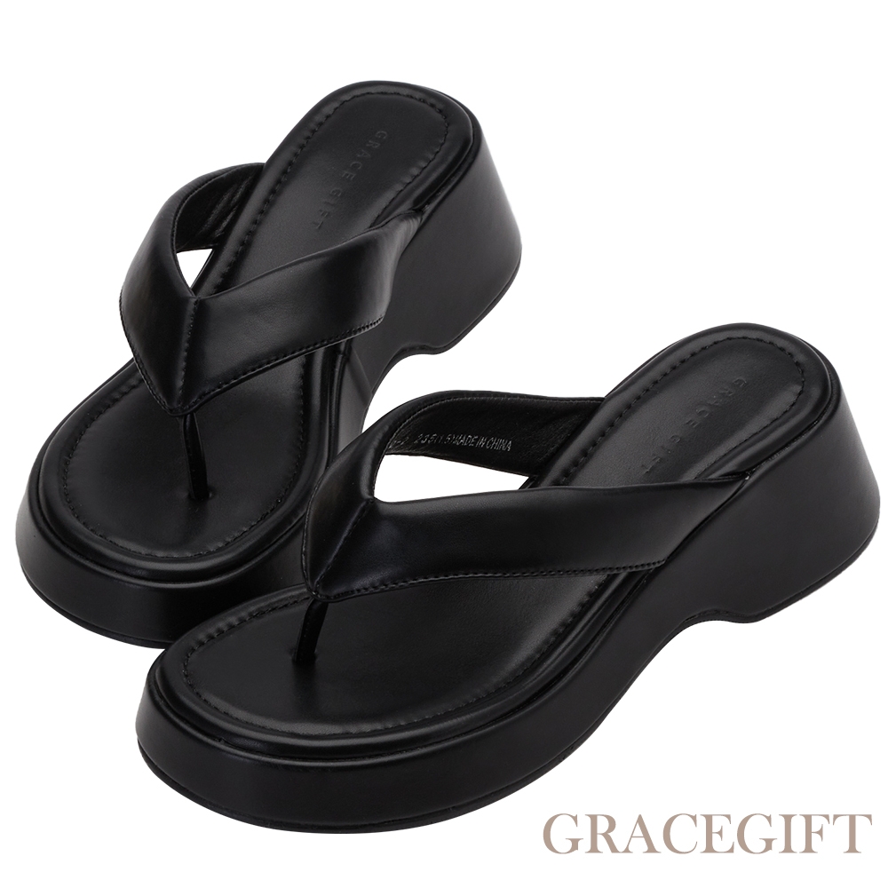 【Grace Gift】人字夾腳厚底拖鞋  黑