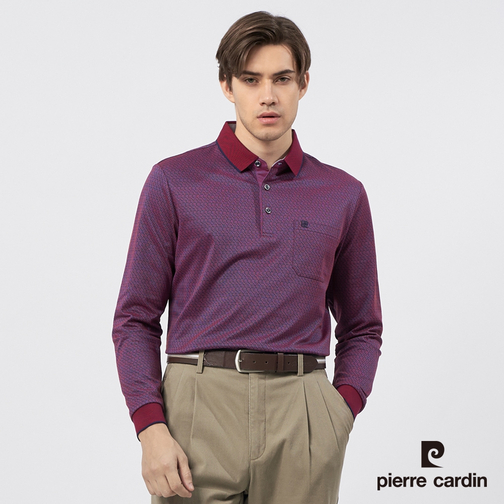 Pierre Cardin皮爾卡登 男款 印花長袖POLO衫-紫紅色(5235211-78)