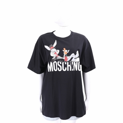 MOSCHINO 純棉魔術帽兔巴哥壓花圖案黑色圓領短袖TEE T恤(中性款/男女可穿)