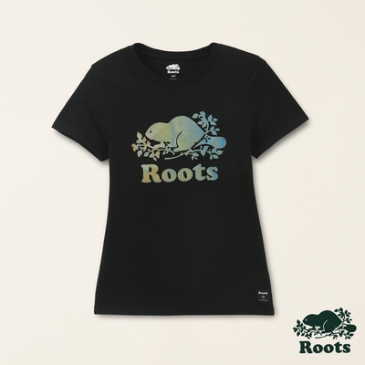 Roots女裝-絕對經典系列 漸層海狸LOGO有機棉短袖T恤-黑色