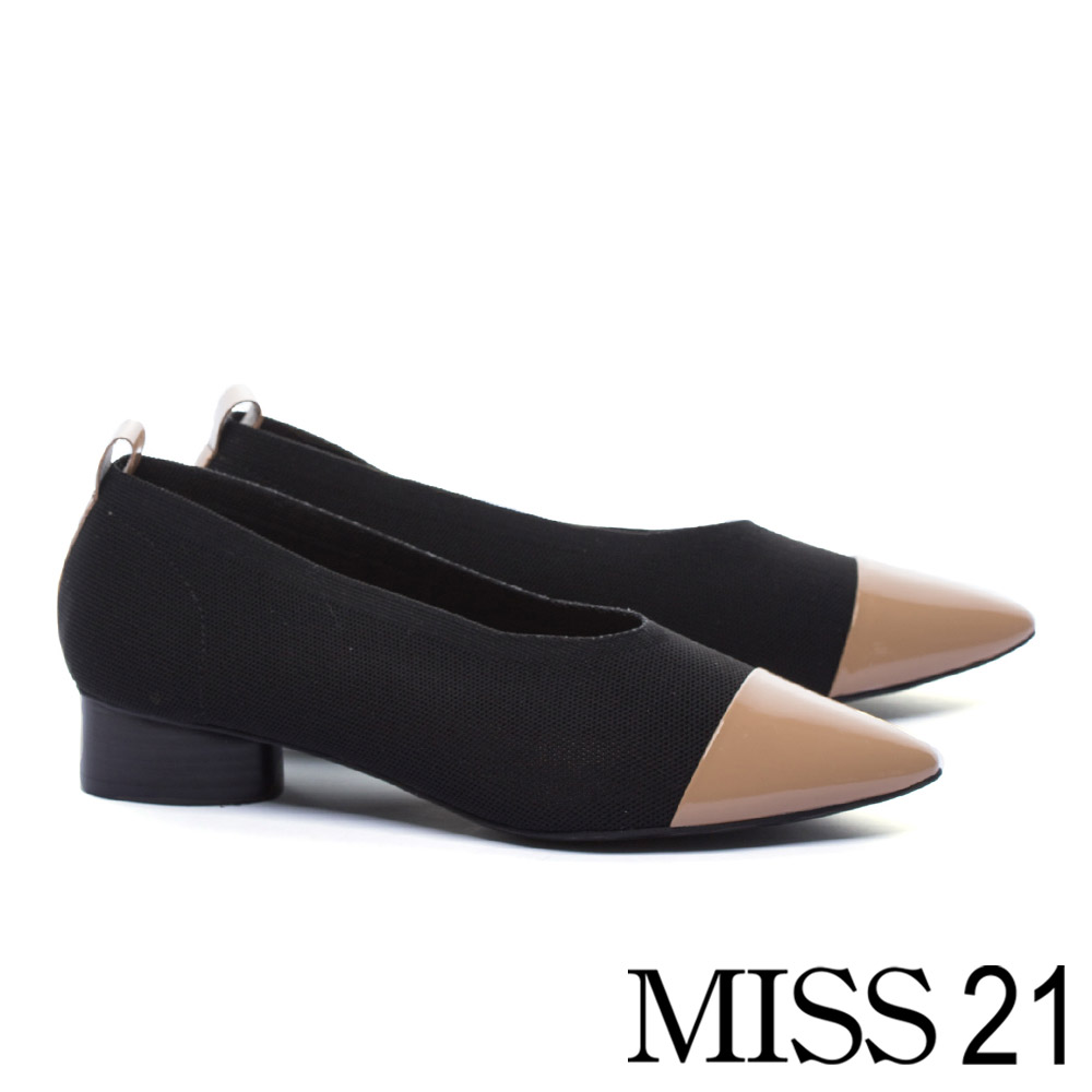 低跟鞋 MISS 21 簡約復古優雅漆皮拼接飛織尖頭木紋造型低跟鞋－黑