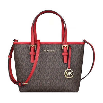 mk michael kors jet set金屬圓標logo滿版印花pvc拉鍊手提斜背托特包(小/深棕x火焰紅)