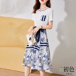 【絕版品出清】初色 夏日海風印花洋裝-上白下藍-67690(M-2XL可選)