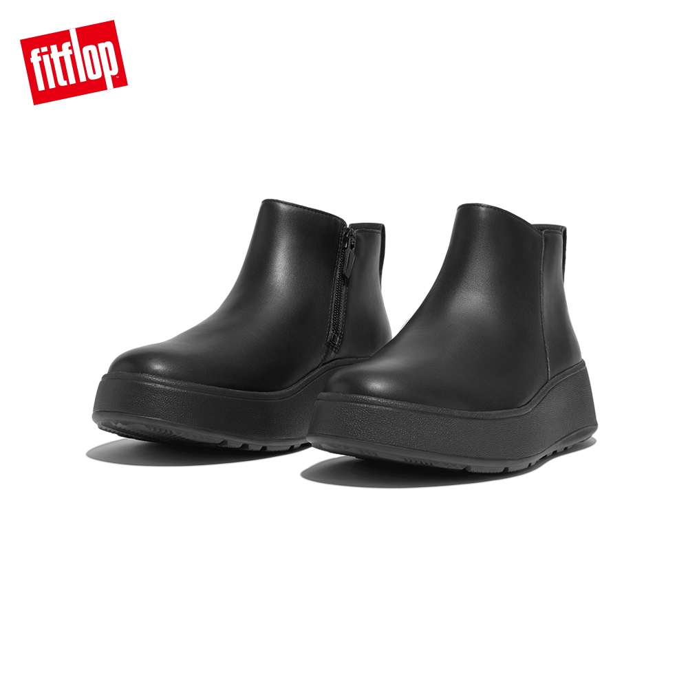 【FitFlop】F-MODE LEATHER FLATFORM ZIP ANKLE BOOTS簡約皮革裸靴-女(靓黑色)