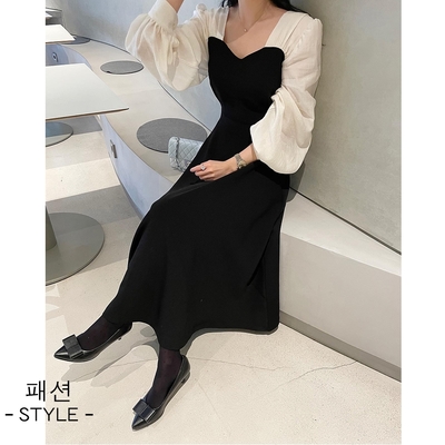2F韓衣-韓系甜美優雅氣質撞色拼接方領造型洋裝-黑色(F)