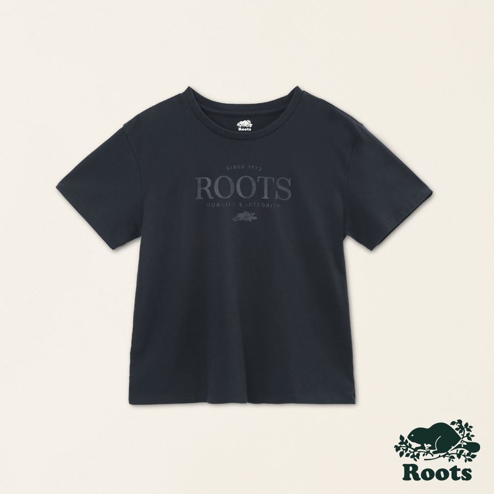 Roots女裝-舒適生活系列 海狸文字有機棉短袖T恤-軍藍色