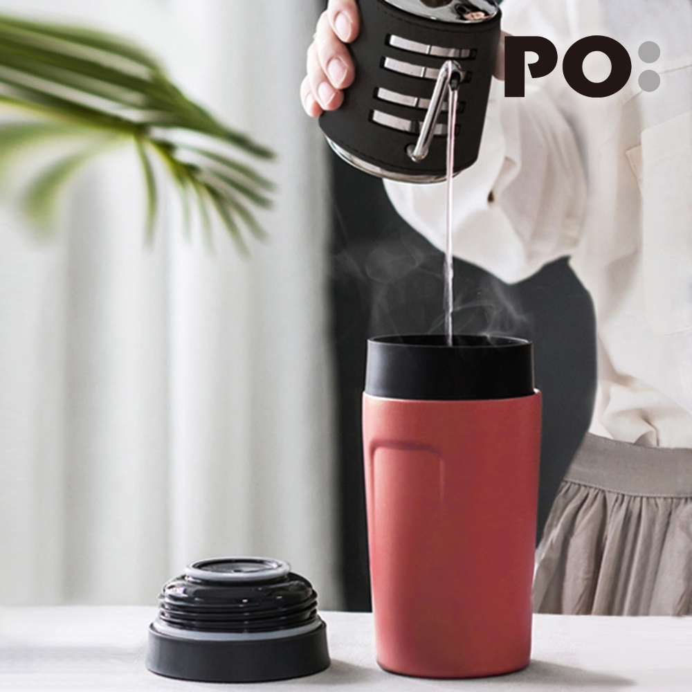 【PO:Selected】丹麥DIY手沖咖啡二件組 (手沖咖啡壺-黑/隨行保溫咖啡杯350ml-紅)