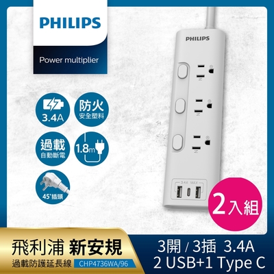 PHILIPS飛利浦 新安規 3開3插 3.4A 2USB+Type C延長線1.8米 2入組 CHP4736