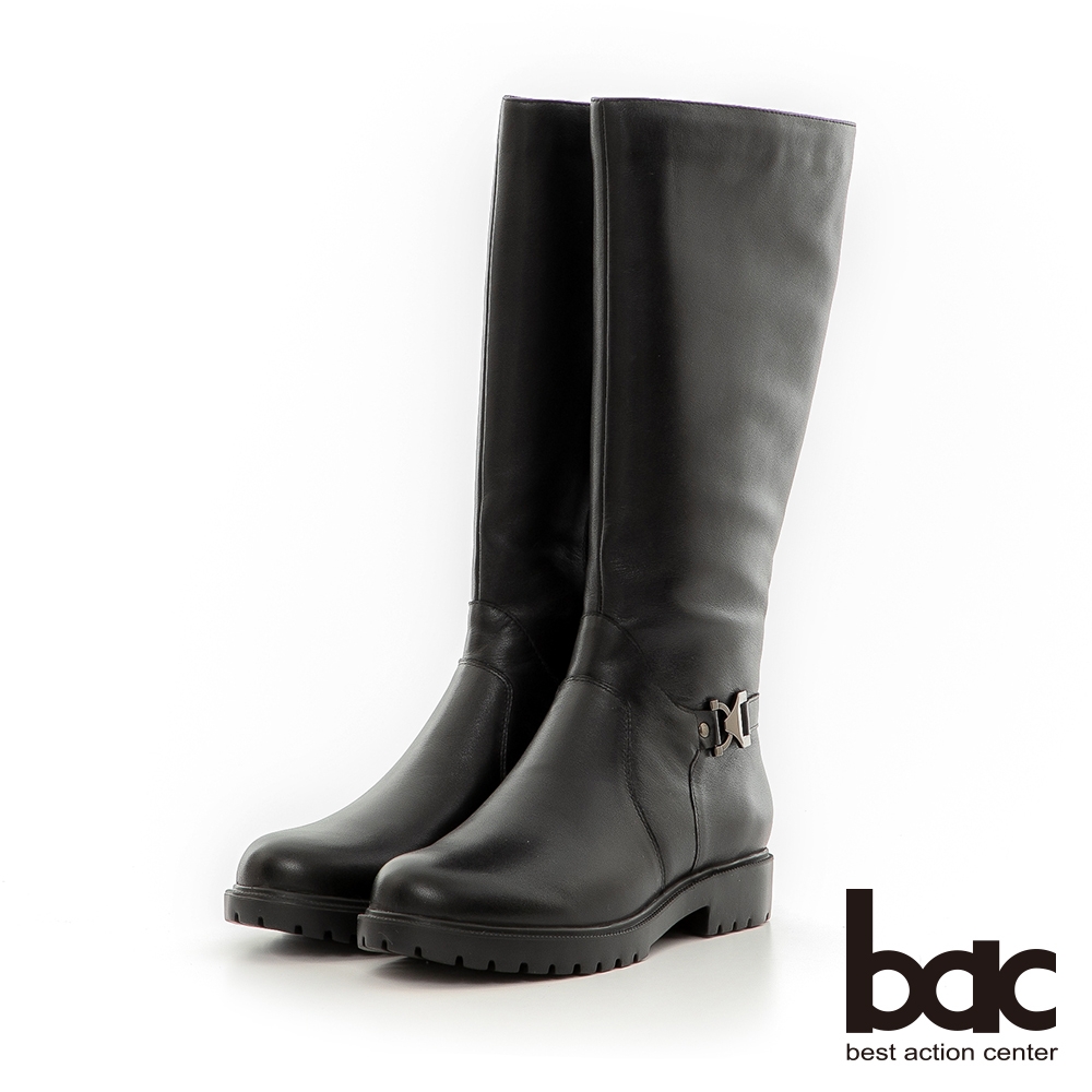 【bac】輕量化皮帶穿環粗跟長靴-黑色