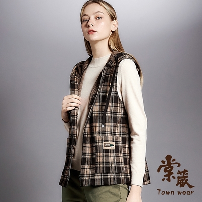 【TOWNWEAR棠葳】滿版方格連帽毛呢背心外套(中大尺碼/女上衣/女上著/抽繩/無袖/口袋)