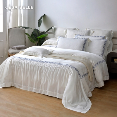 法國CASA BELLE 波賽隆頓 雙人天絲刺繡四件式防蹣抗菌吸濕排汗兩用被床包組(共兩色)-白色