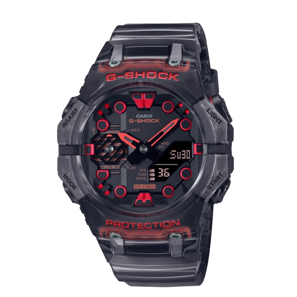 CASIO 卡西歐 G-SHOCK 藍牙 碳纖維核心防護 半透明 機械戰甲 電競黑紅 GA-B001G-1A_46mm