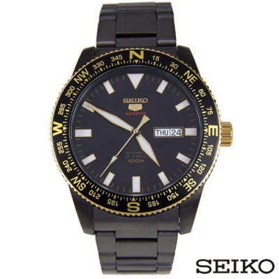 SEIKO精工 精工5自動夜光指南針黑色不鏽鋼男士手錶-SRP670K