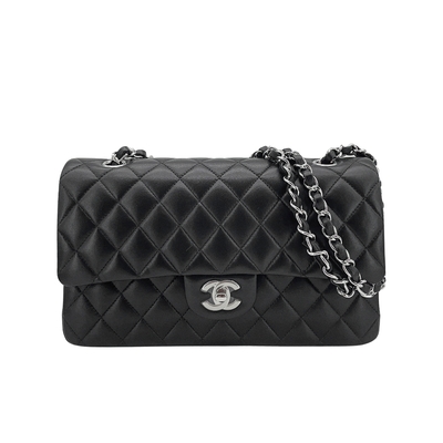 CHANEL 香奈兒 展示品 經典雙C菱格羊皮銀鍊翻蓋coco斜背包-25cm(A01112-黑)