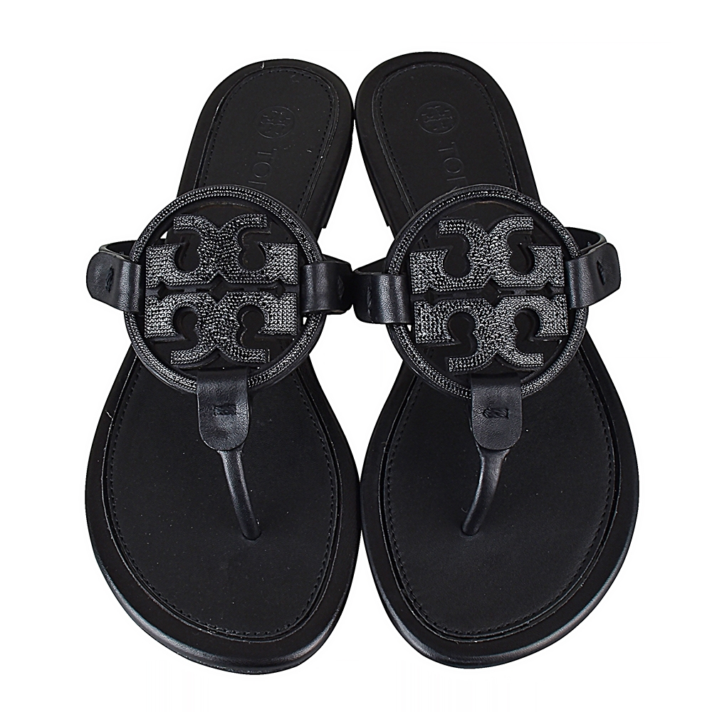 TORY BURCH METAL MILLER圓形雙T LOGO 水鑽鑲飾設計牛皮人字拖鞋(黑)