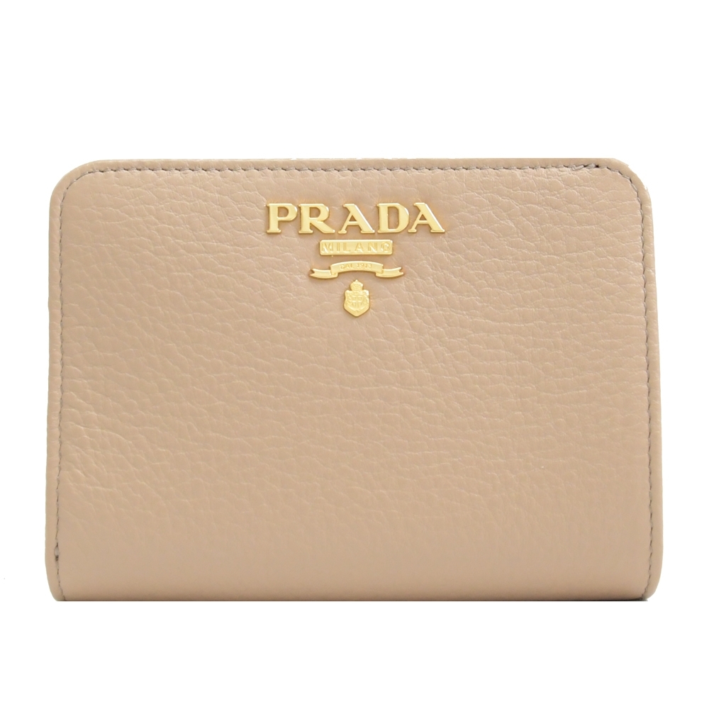 PRADA 金屬LOGO水波紋牛皮釦式零錢中短夾(淡裸色)